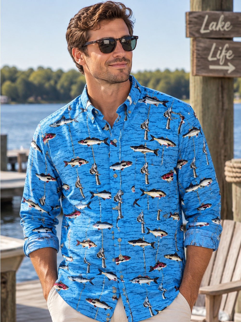 NWT Reel Classics Men's Blue Fishing-Print Button-Up Shirt